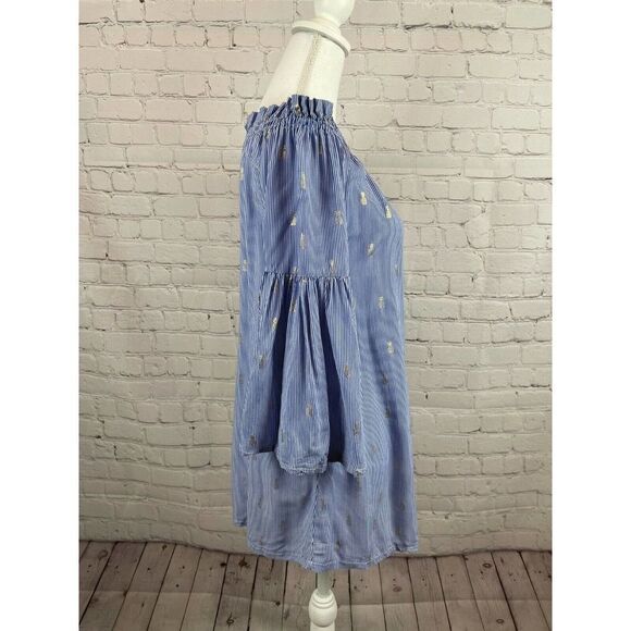 ANTHROPOLOGY SOLITAIRE striped white blue cold shoulder flared top tunic S - Picture 6 of 9